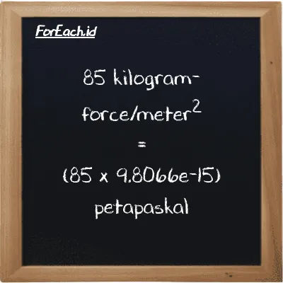 Cara konversi kilogram-force/meter<sup>2</sup> ke petapaskal (kgf/m<sup>2</sup> ke PPa): 85 kilogram-force/meter<sup>2</sup> (kgf/m<sup>2</sup>) setara dengan 85 dikalikan dengan 9.8066e-15 petapaskal (PPa)